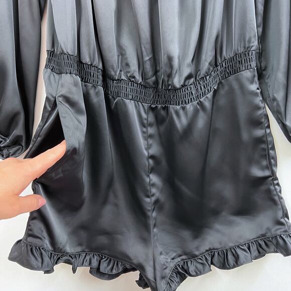 BEBE Satin Off-The Shoulder Romper Ruffled Trim Long Sleeve Shorts Black Women S - Picture 5 of 8